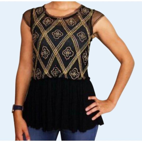 FREE PEOPLE Holiday to India Beaded Sheer Cap Sleeve Top Size Small - Picture 1 of 7